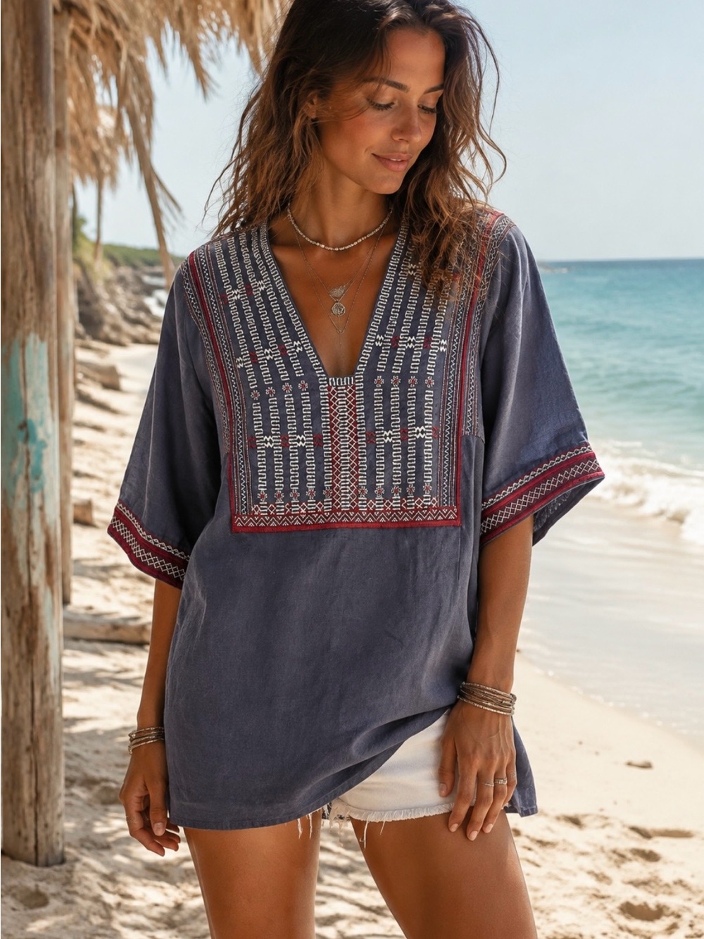 CAbi Embroidered Boho Linen 
Tunic Top Navy Blue Red White Beach Resort  size L
